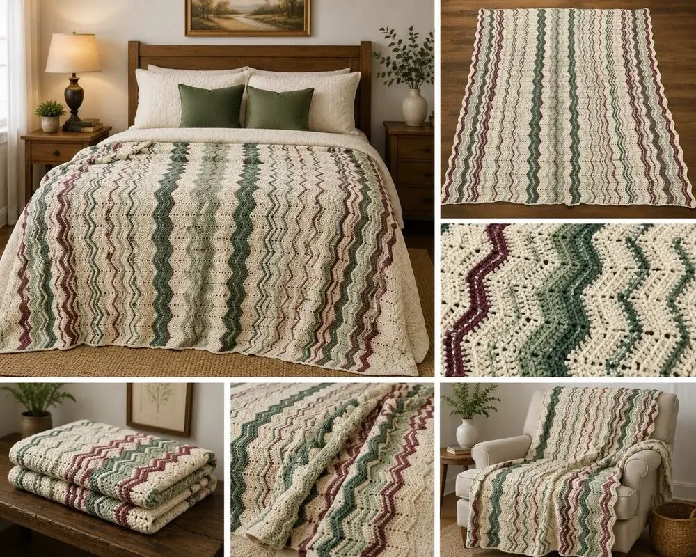 Handmade Crochet Chevron Afghan Blanket Green Burgundy Cream 73x90 Large